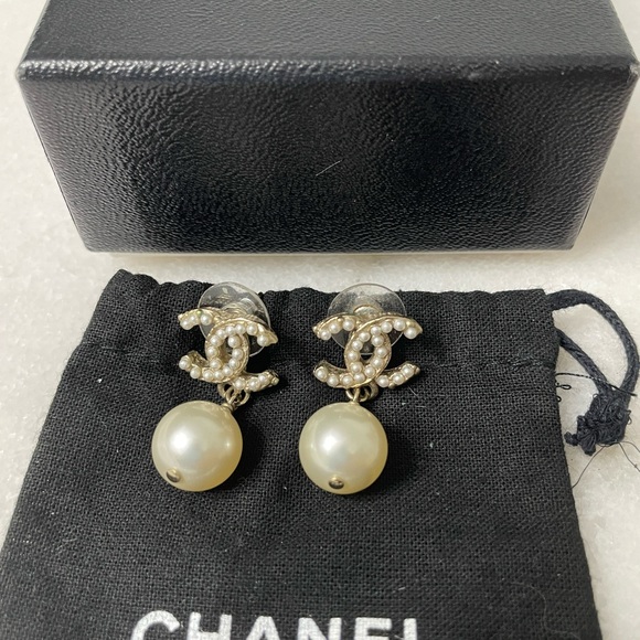 Chanel Double C Pearl Pendant Earrings - Picture 3 of 6